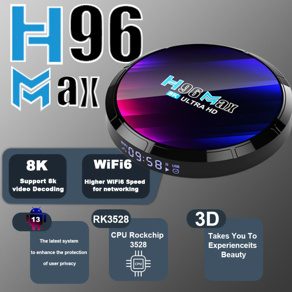 H96 MAX Ultra HD Smart TV Box Android 13 uchun Rockchip RK3528 Quad Core, 8K Video qo‘llab-quvvatlash, WiFi 6, Wireless 5.0, rivojlangan maxfiylikni himoya qilish va foydalanuvchilarga qulay interfeys bilan. nozik qora