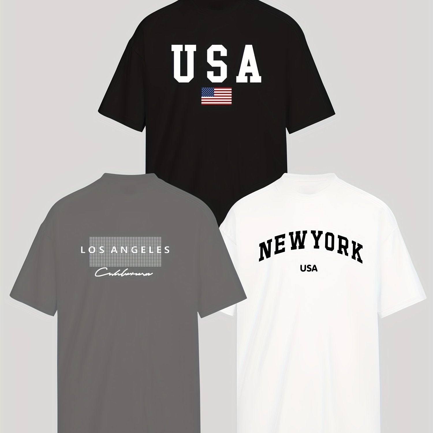 Men's and Women's Short Sleeve T-Shirts Set of 3 with Los Angeles, New York, USA Prints Breathable Polyester