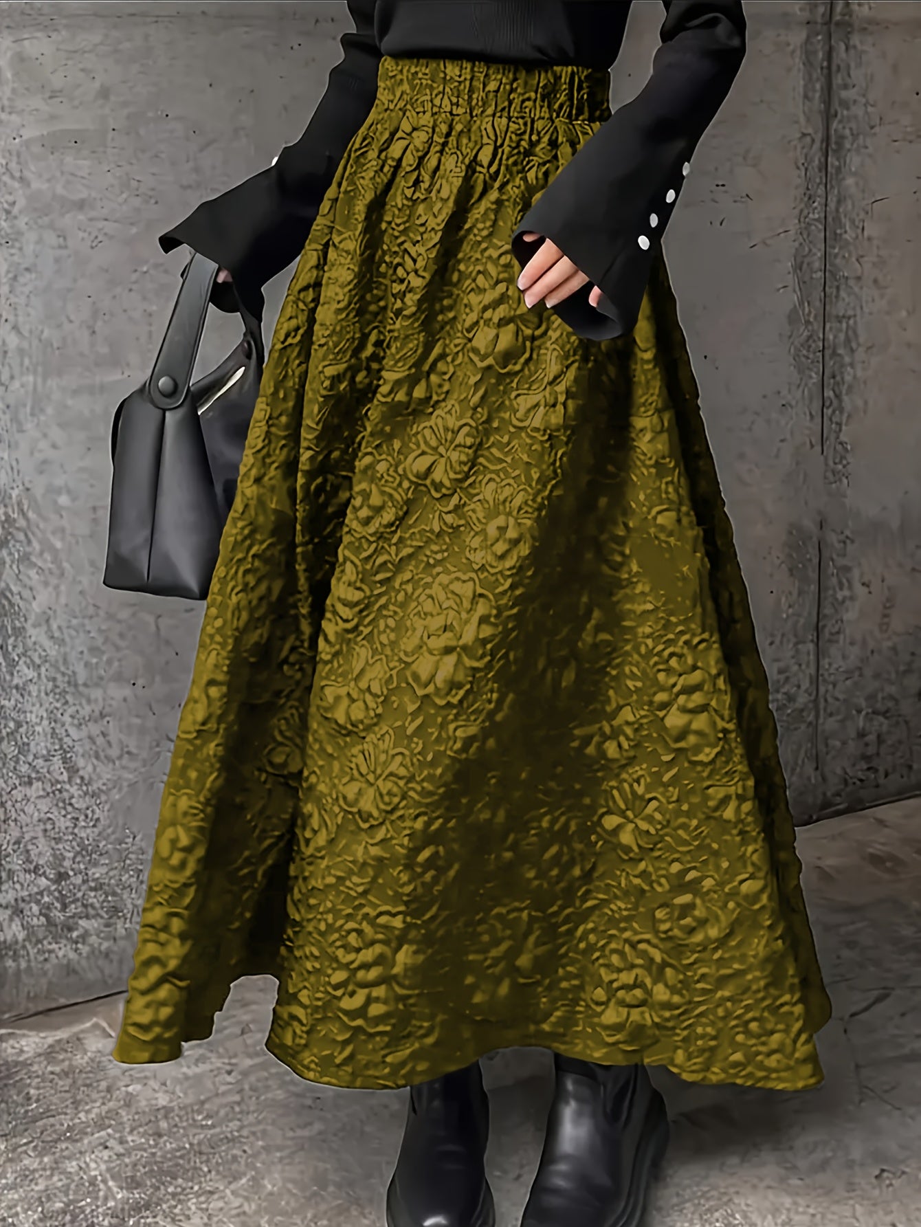 Falda midi de línea A de cintura alta con superposición de encaje floral en rojo para mujer