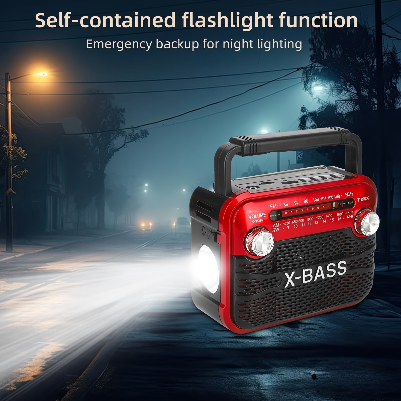 Portable FM Radio with Flashlight Rechargeable Battery USB TF BT Multi-Band Indoor Outdoor Red Black