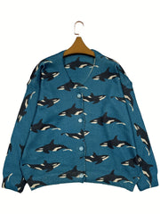Women's Plus Size V-Neck Cardigan Sweater Polyester Knit Whale Print Long Sleeve Fall Winter