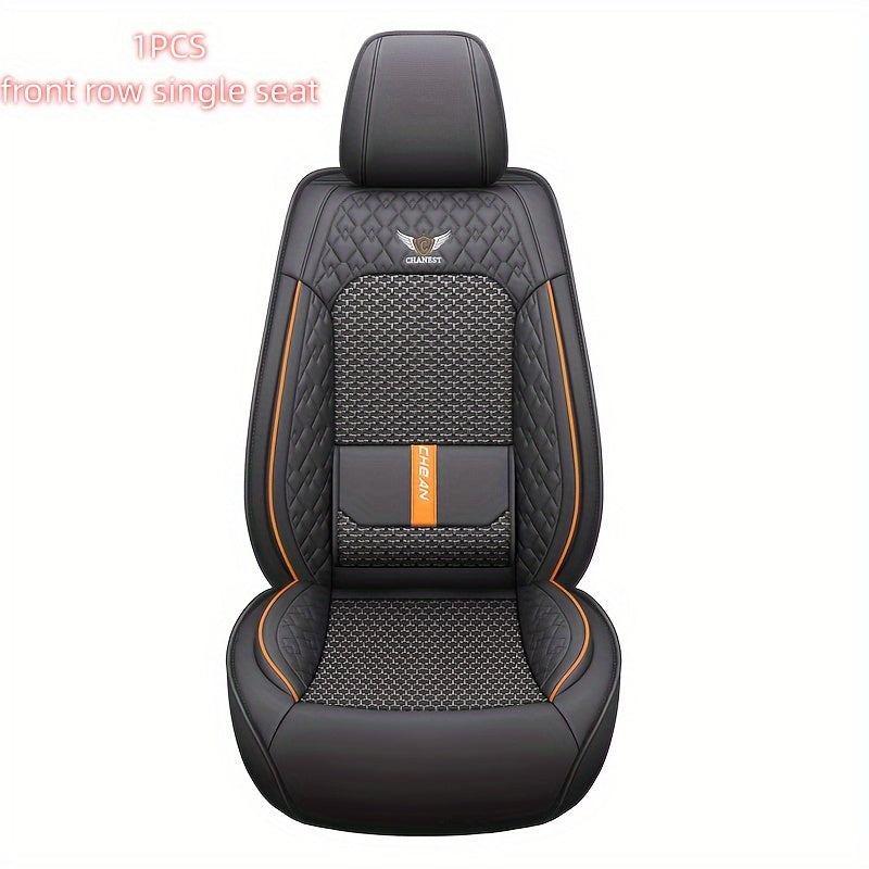 Fundas de asientos de coche de lujo para vehículos de 5 plazas, azul marino y naranja, malla transpirable, cuero PU