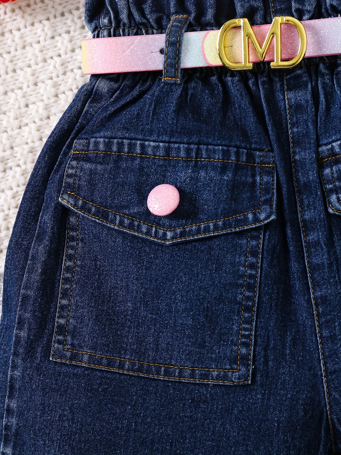 Girls' High-Waist Denim Shorts with Adjustable Belt and Pockets for Spring Summer Fall