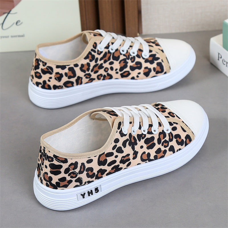Women's Leopard Print Canvas Shoes Low-Top Flat Sneakers Casual Outdoor Athletic