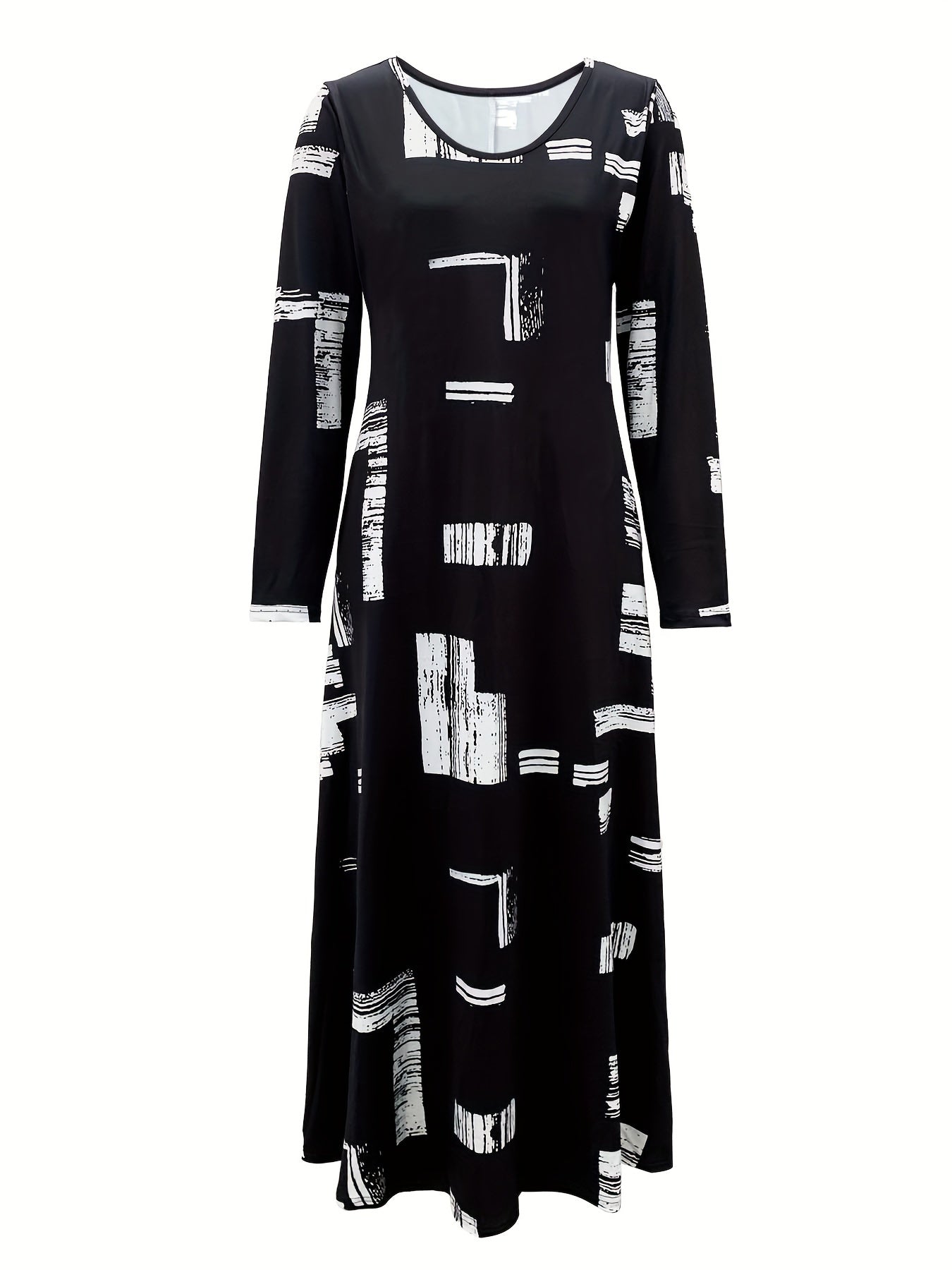 Plus Size Long Sleeve Crew Neck Dress with Pockets Patchwork Knit Fabric All-Season