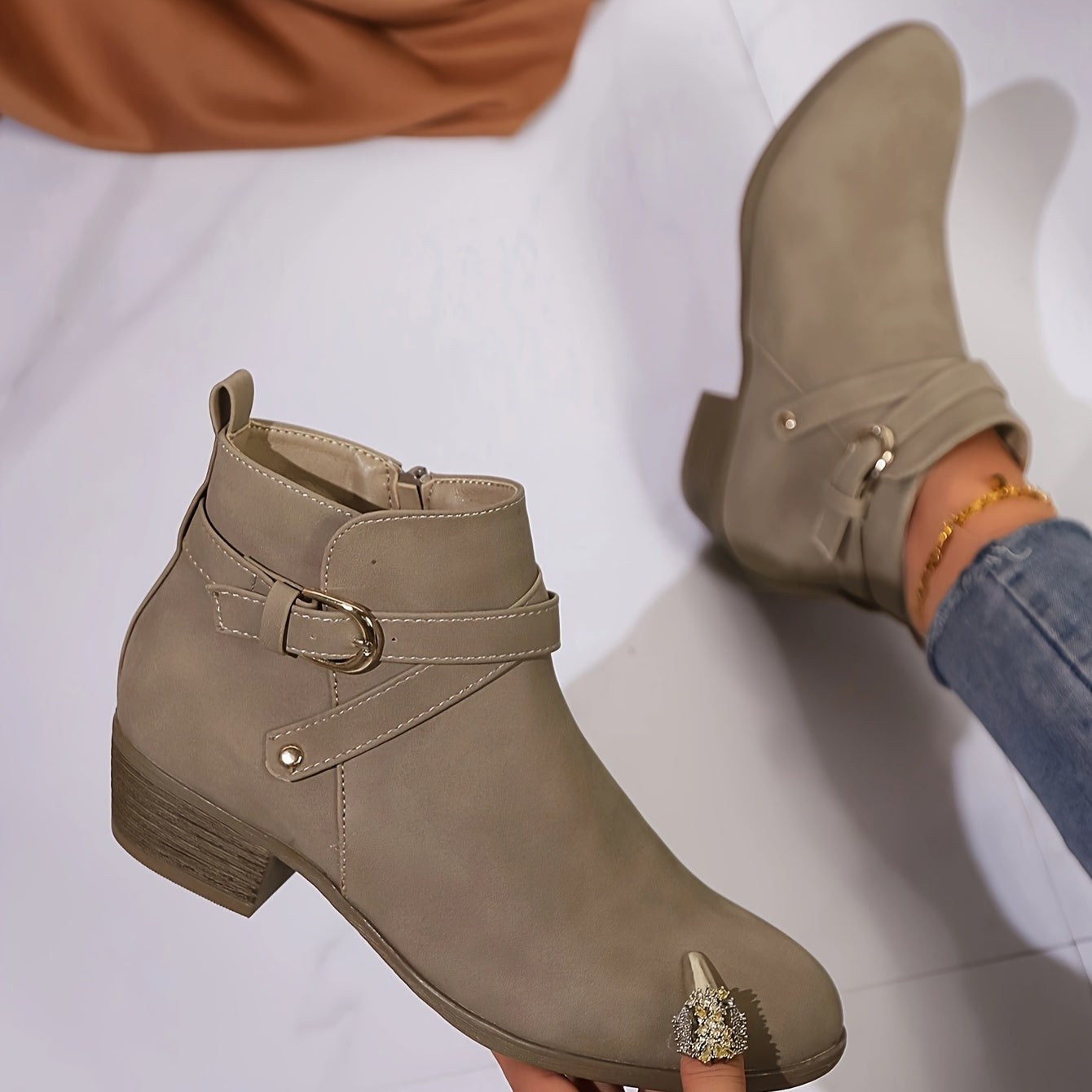 Women's Nude Short Ankle Boots Low Heel Side Zipper