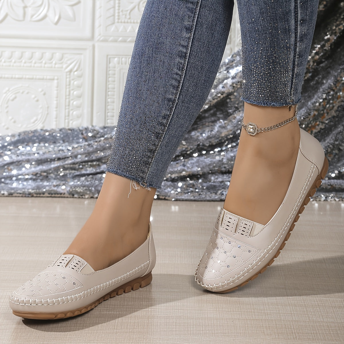 Women's Slip-On Loafers Faux Cover Shoes Comfortable TPR Sole Black White