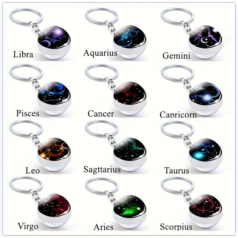Starry Night Zodiac Keychain Double-Sided Glass Ball Glow-in-Dark Car Accessory