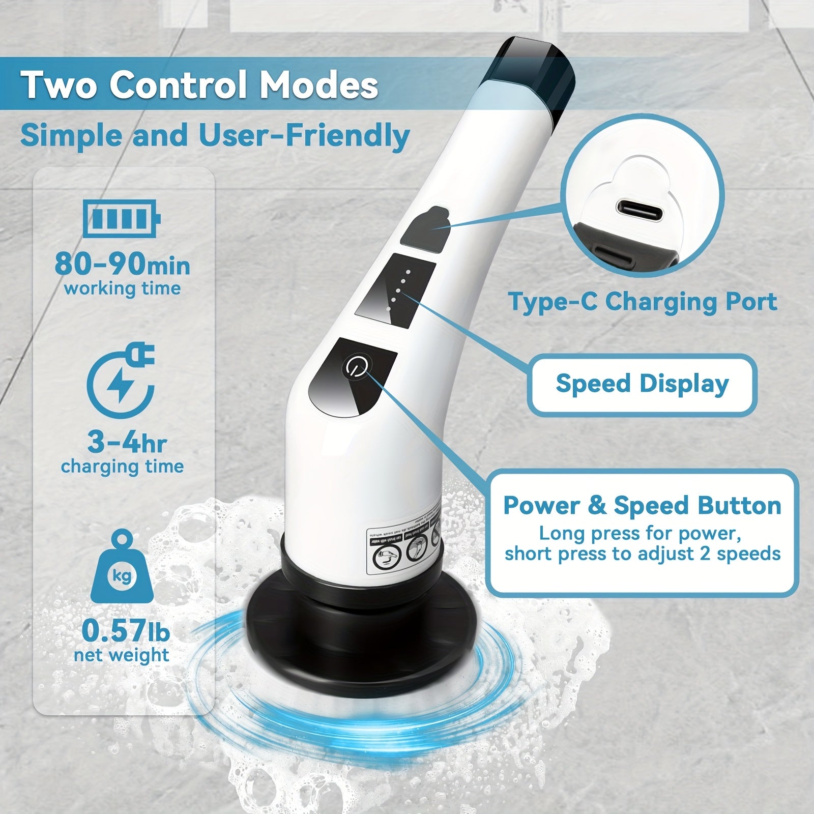 Cepillo de limpieza eléctrico inalámbrico giratorio con cabezales reemplazables y mango ajustable