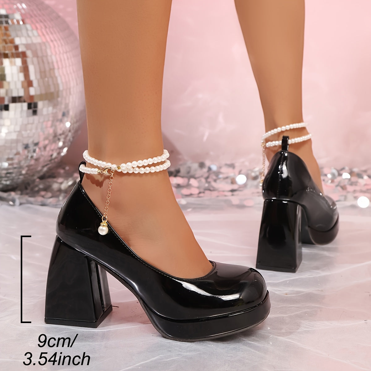 Women's High Heels Chunky Heel Pumps with Pearl Chain Glossy Synthetic Round Toe