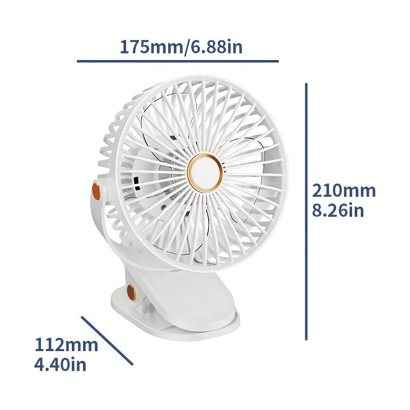 6-Inch Portable Clip-On Desk Fan with LED Night Light USB Rechargeable 5-Speed White