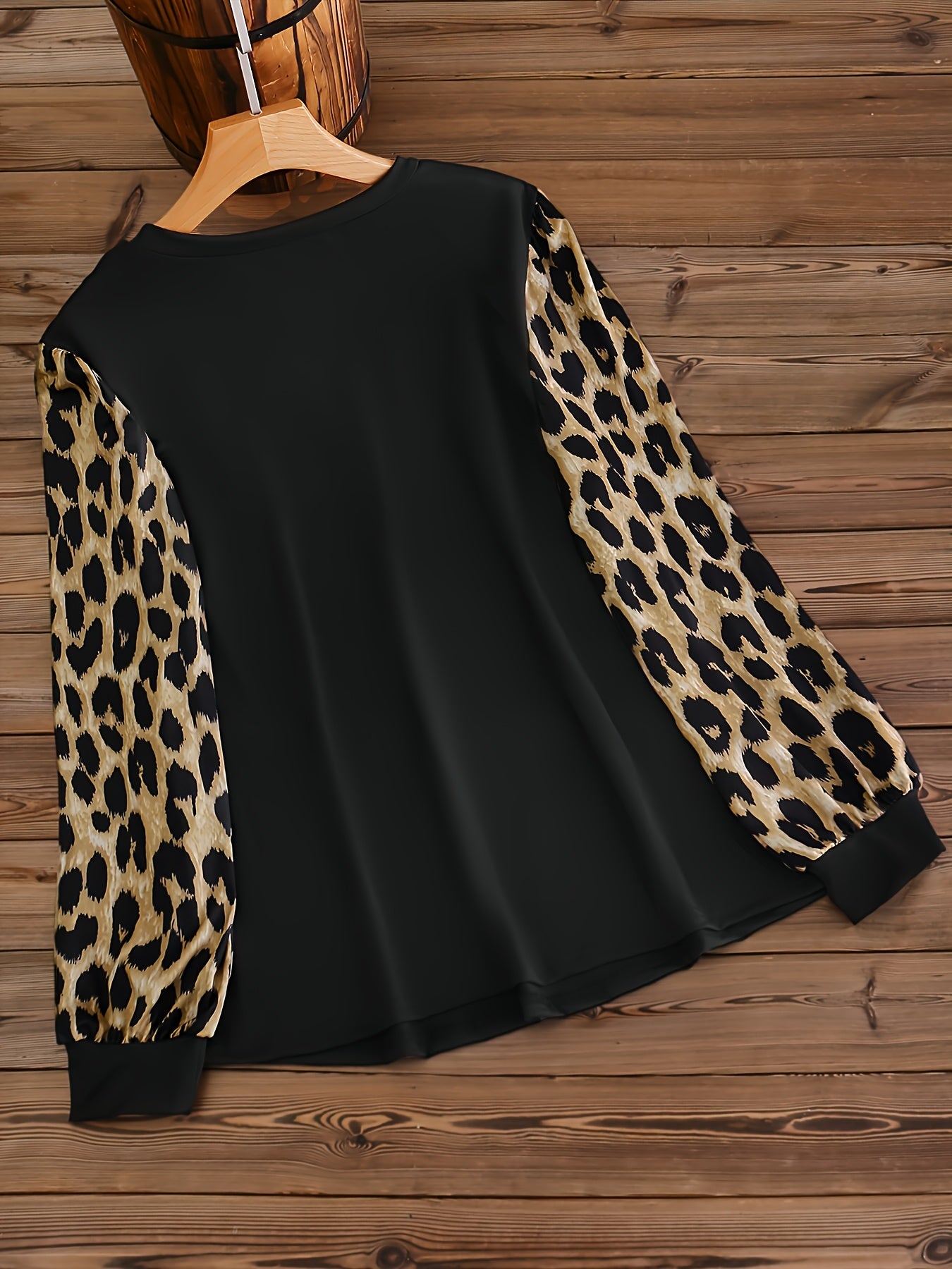 Футболка с круглым вырезом и леопардовым принтом для полных, цветные блоки, весна-осень, полиэстер, трикотаж