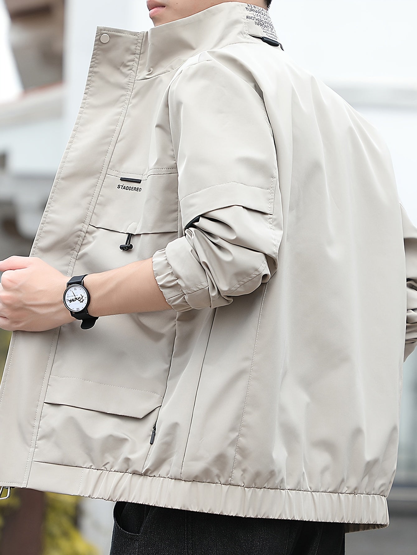 Erkaklar uchun Temir Dara OBM Kargo Jaketi - Bej, Mustahkam Polyester Aralashmasi, Bir Necha Cho'ntakli, Tasodifiy va Tashqi Kiymish uchun Zip-Up Palto