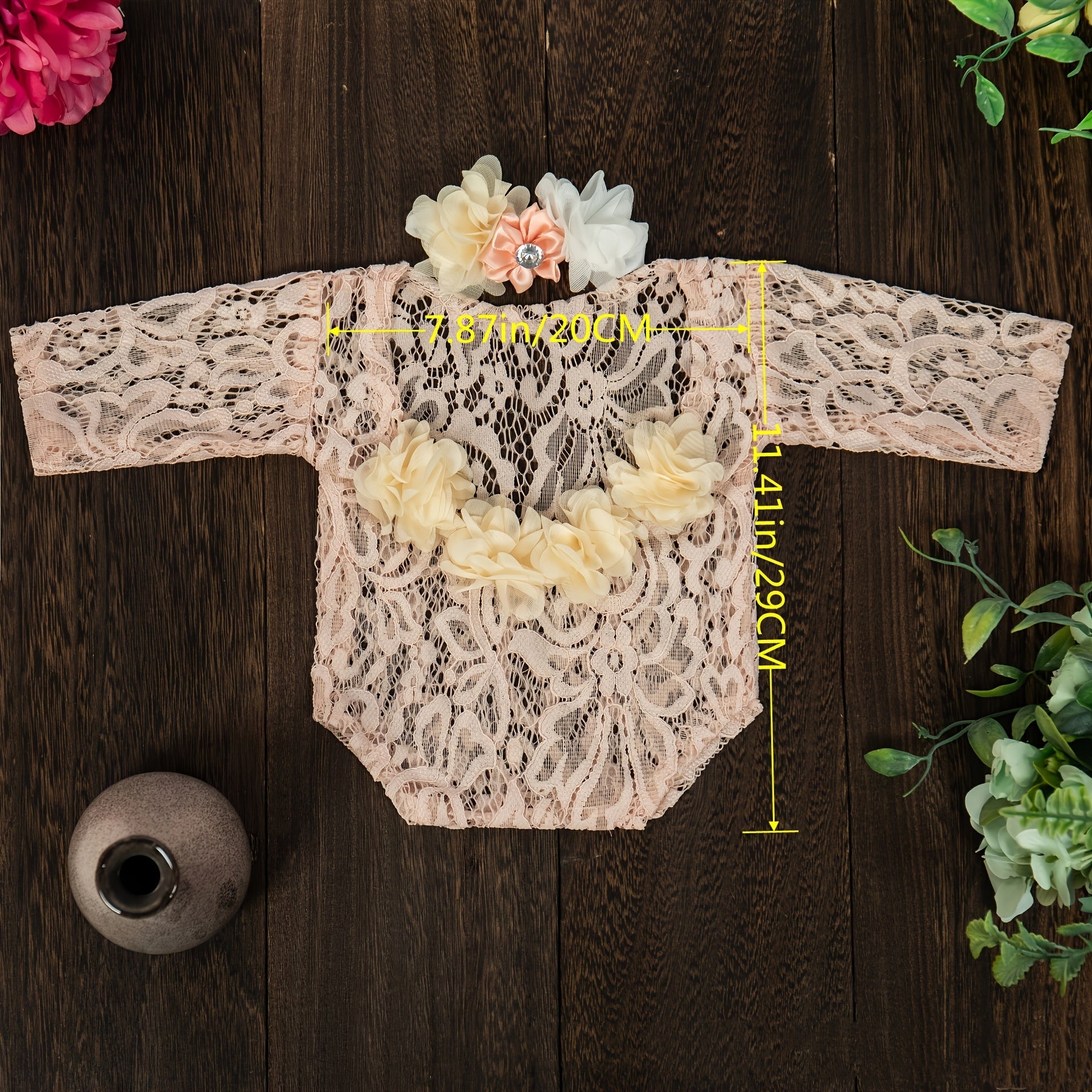 Infant Lace Romper with Headband and Hair Accessories Chiffon Embroidered Pearls