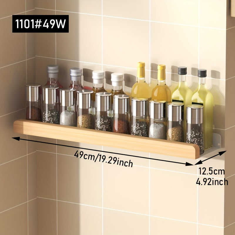 Wood and Metal Wall-Mounted Spice Rack with Hooks for Kitchen Storage
