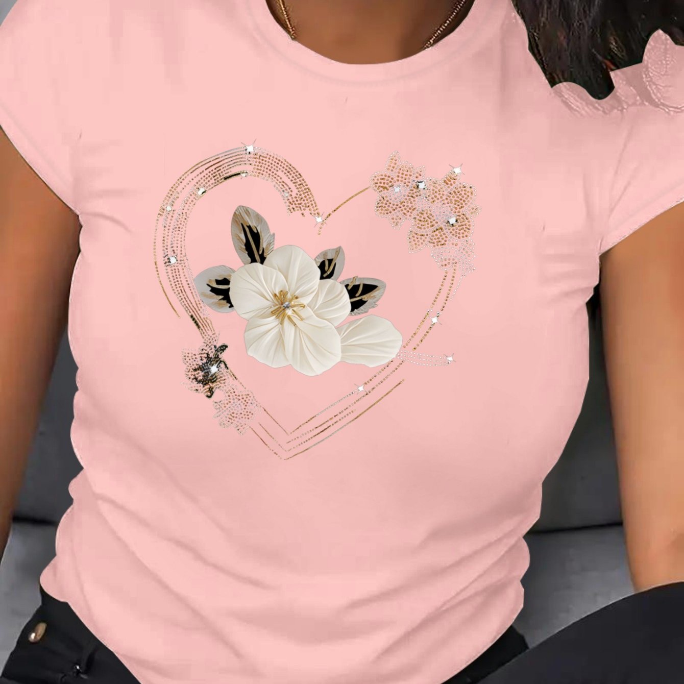 Plus Size Women's Floral Heart T-Shirt Breathable Polyester Short Sleeve