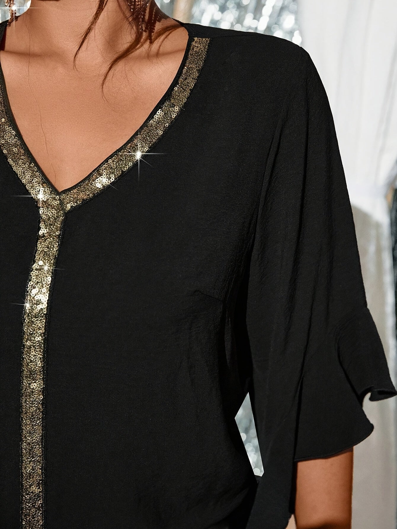 Women's Spring Autumn Sequin Patchwork Shirt with Lotus Leaf Sleeve