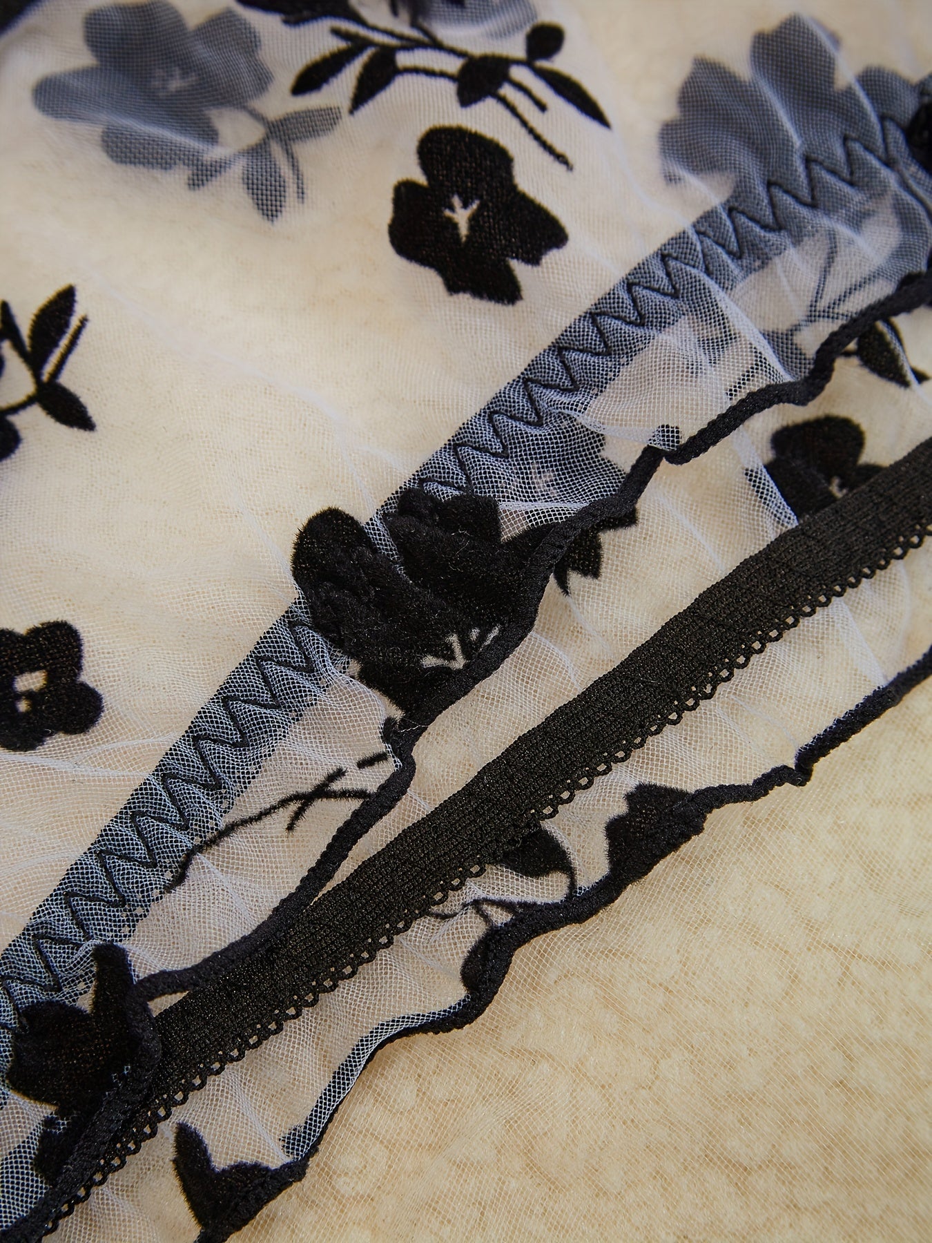 Black Lace Lingerie Set with Transparent Embroidered Flowers