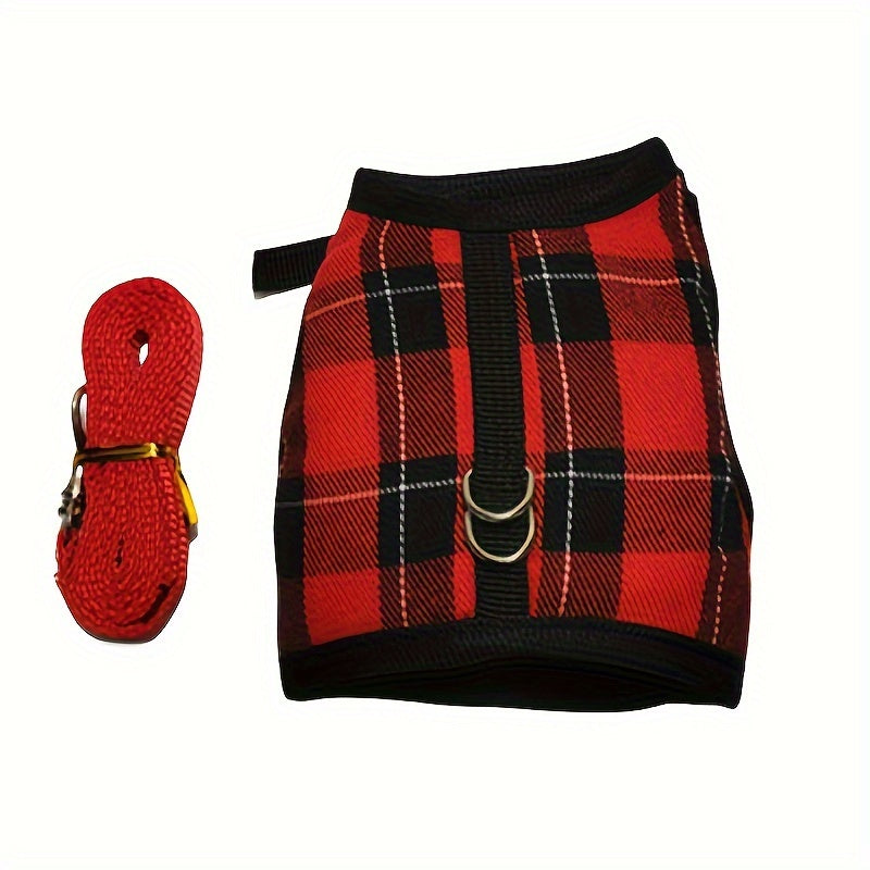 Checkered Blue and Red Hamster Harness and Leash Set with Bell Adjustable Breathable