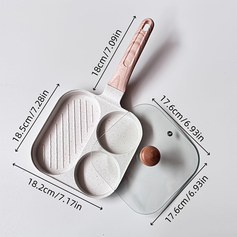 Sartén de aluminio con tapa, plancha antiadherente de 3 secciones para huevos y filetes