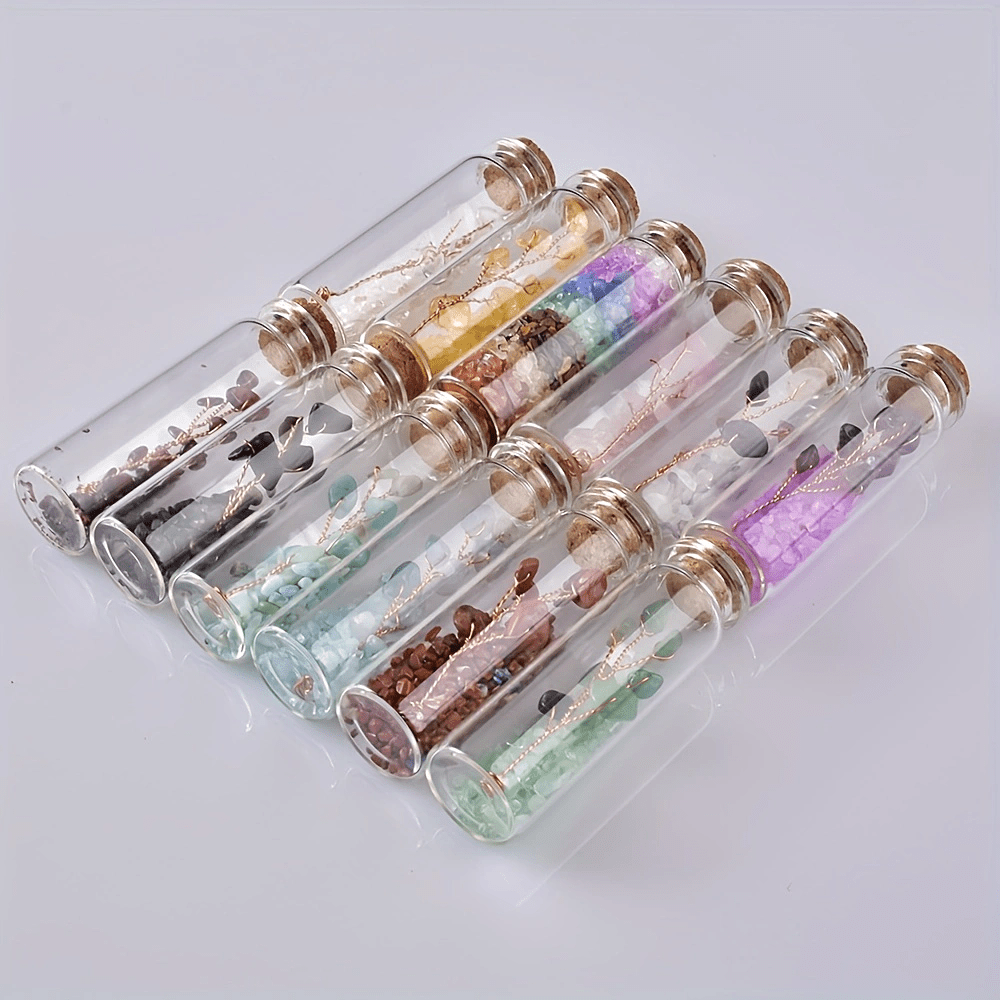 Botella de deseos de cristal con cristales naturales y árbol de la suerte para meditación y decoración