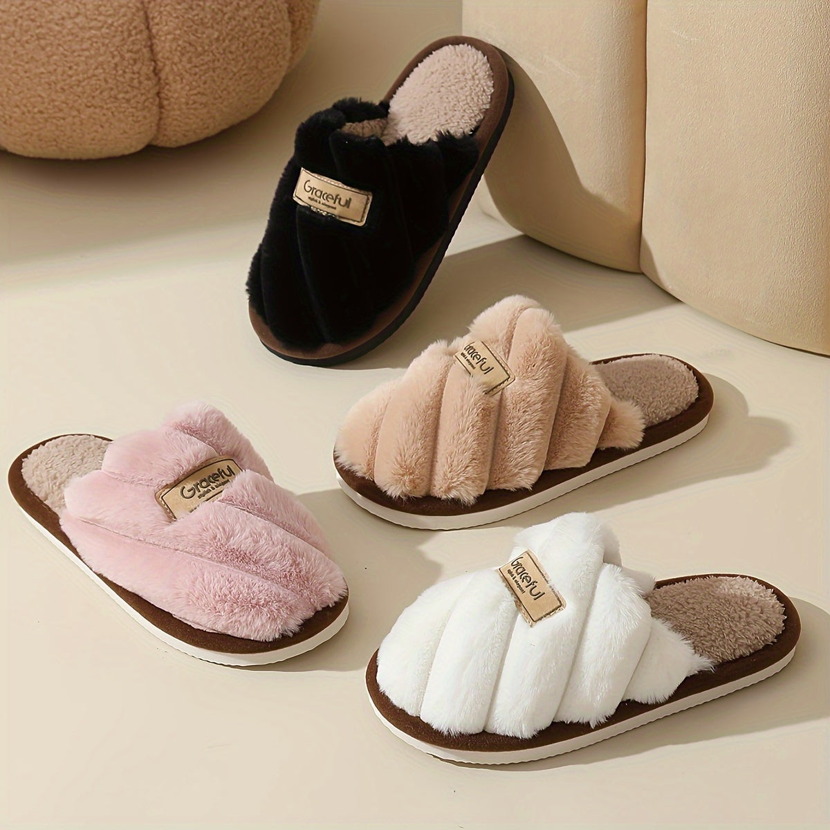 Women’s Plush Fleece Indoor Slippers Black Pink White Cozy House Shoes