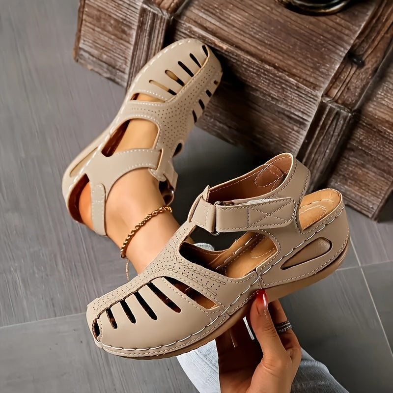 Women's Solid Color Faux Leather Sandals with Cut-Out Design and Cushioned Sole