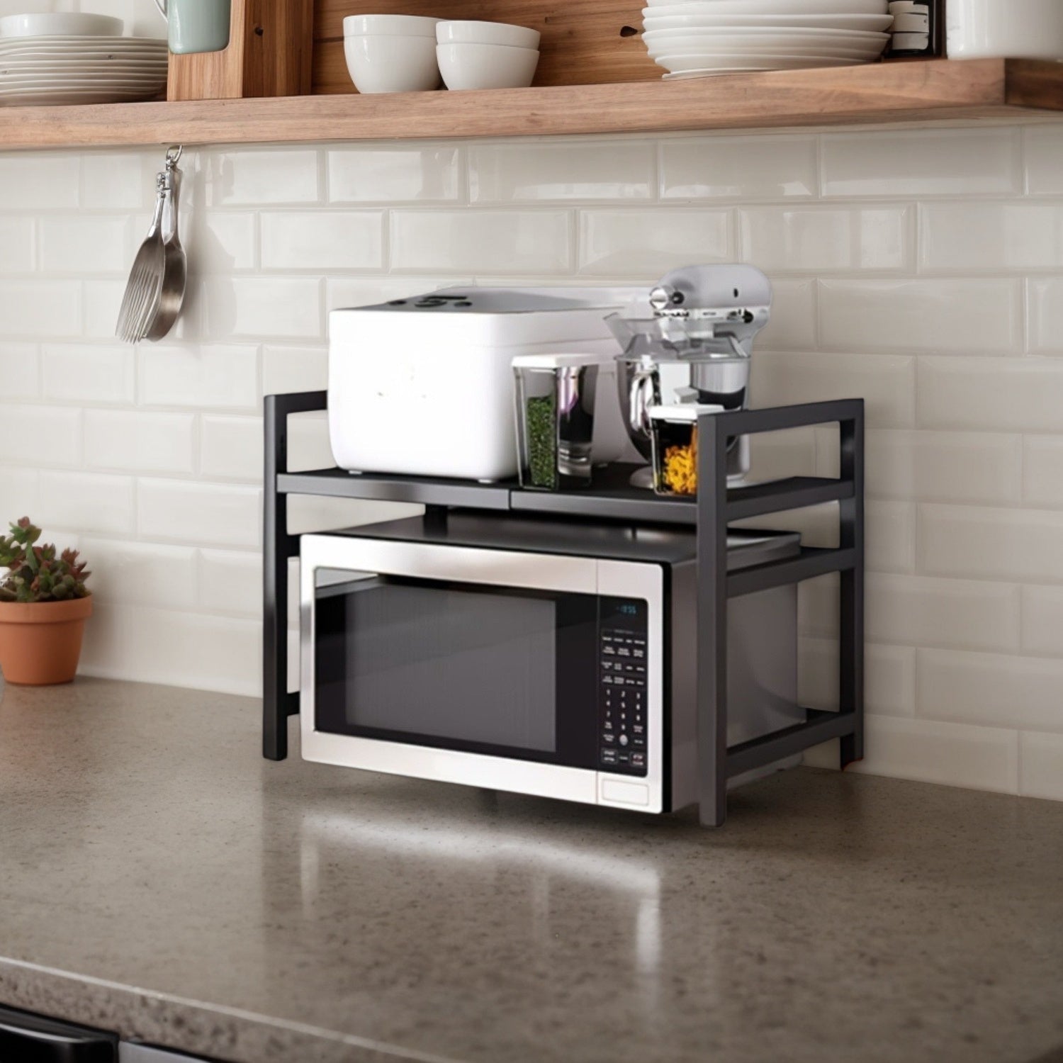Compact black countertop microwave stand with two tiers, 6 hooks, durable metal