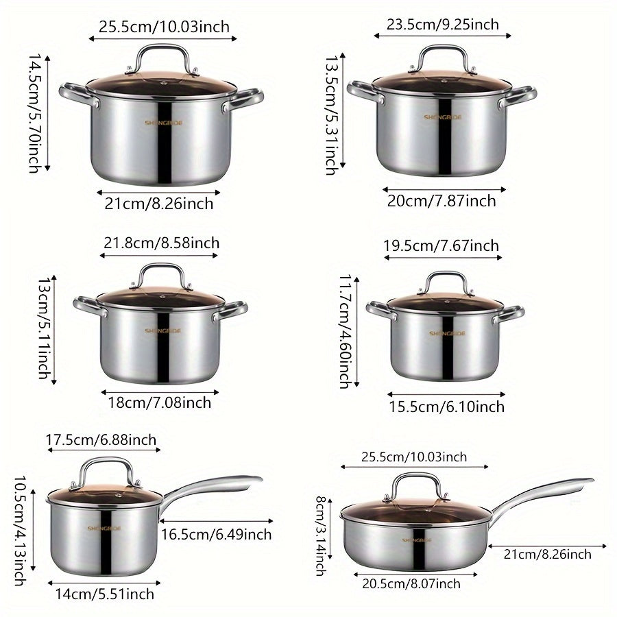 12-Piece Stainless Steel Cookware Set with Pots Pans Lids for Kitchen