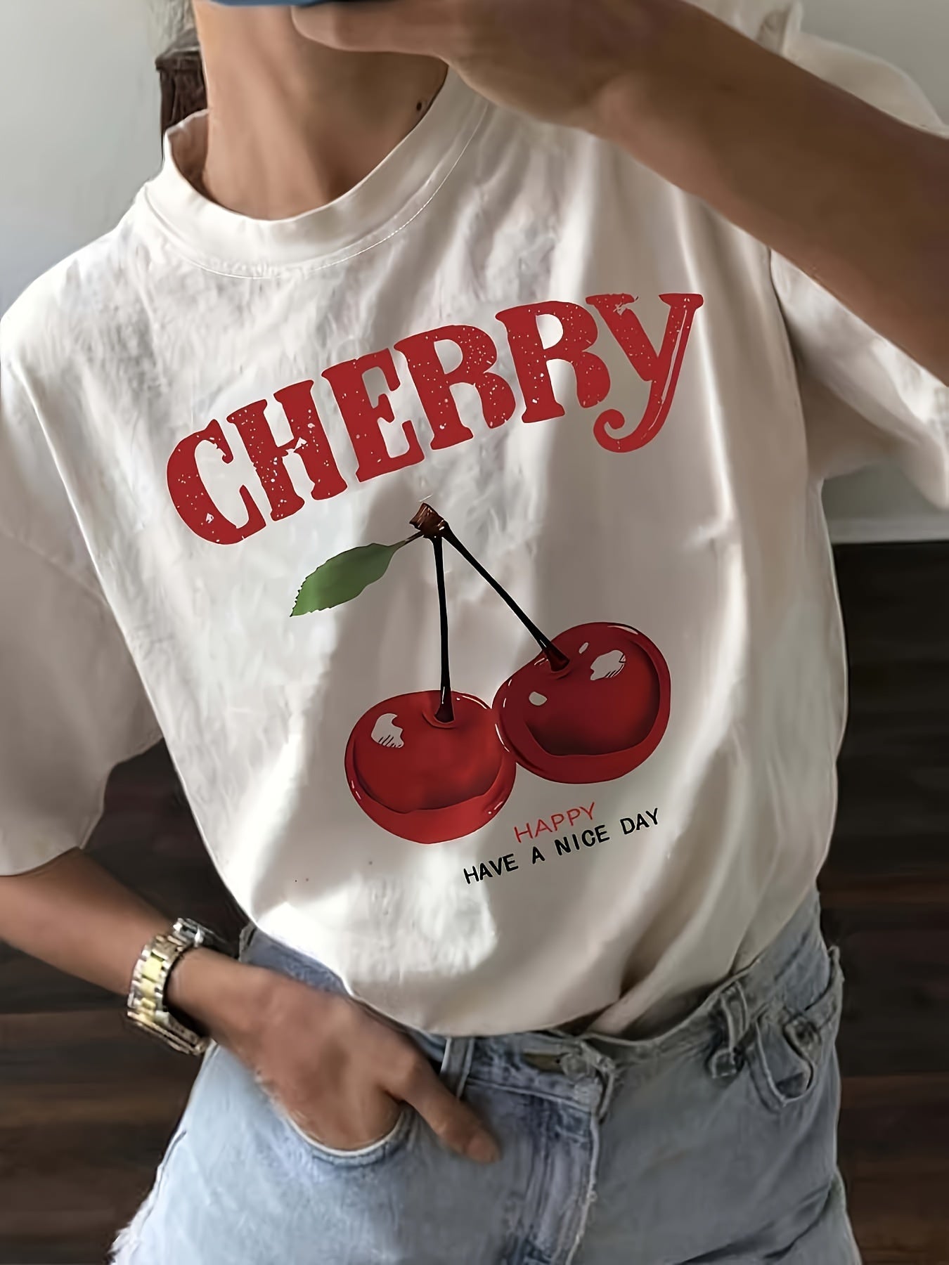 Women's Polyester Knit Crew Neck T-Shirt with Cherry Graphic and Short Sleeves