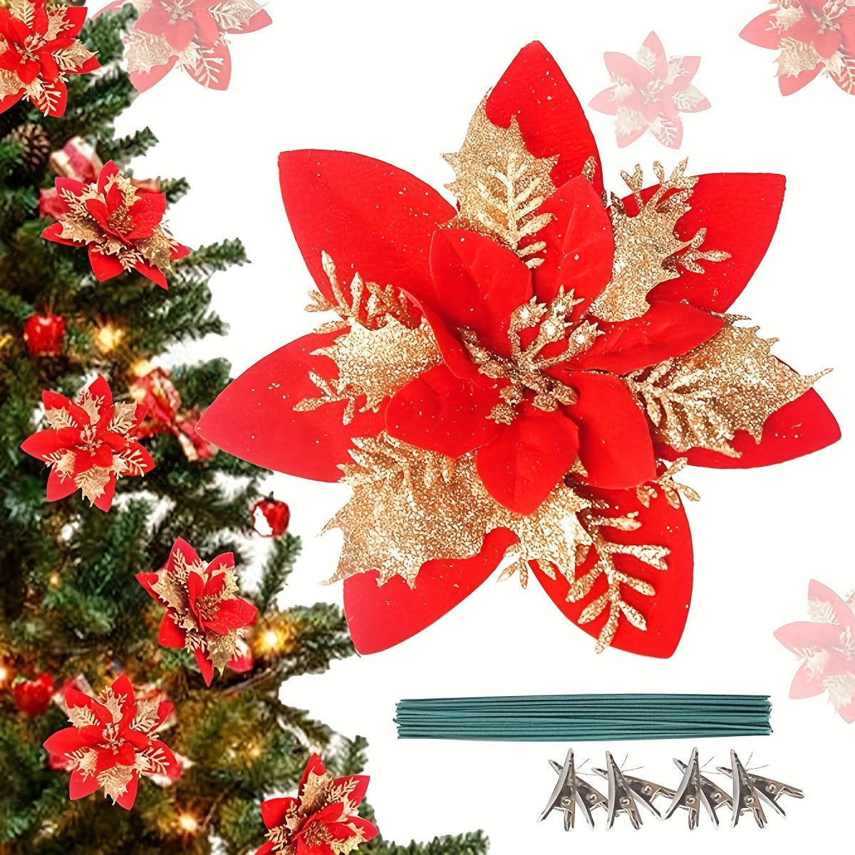 Flores artificiales de poinsetia roja de 5.5 pulgadas, decoración de plástico para coronas navideñas y bodas