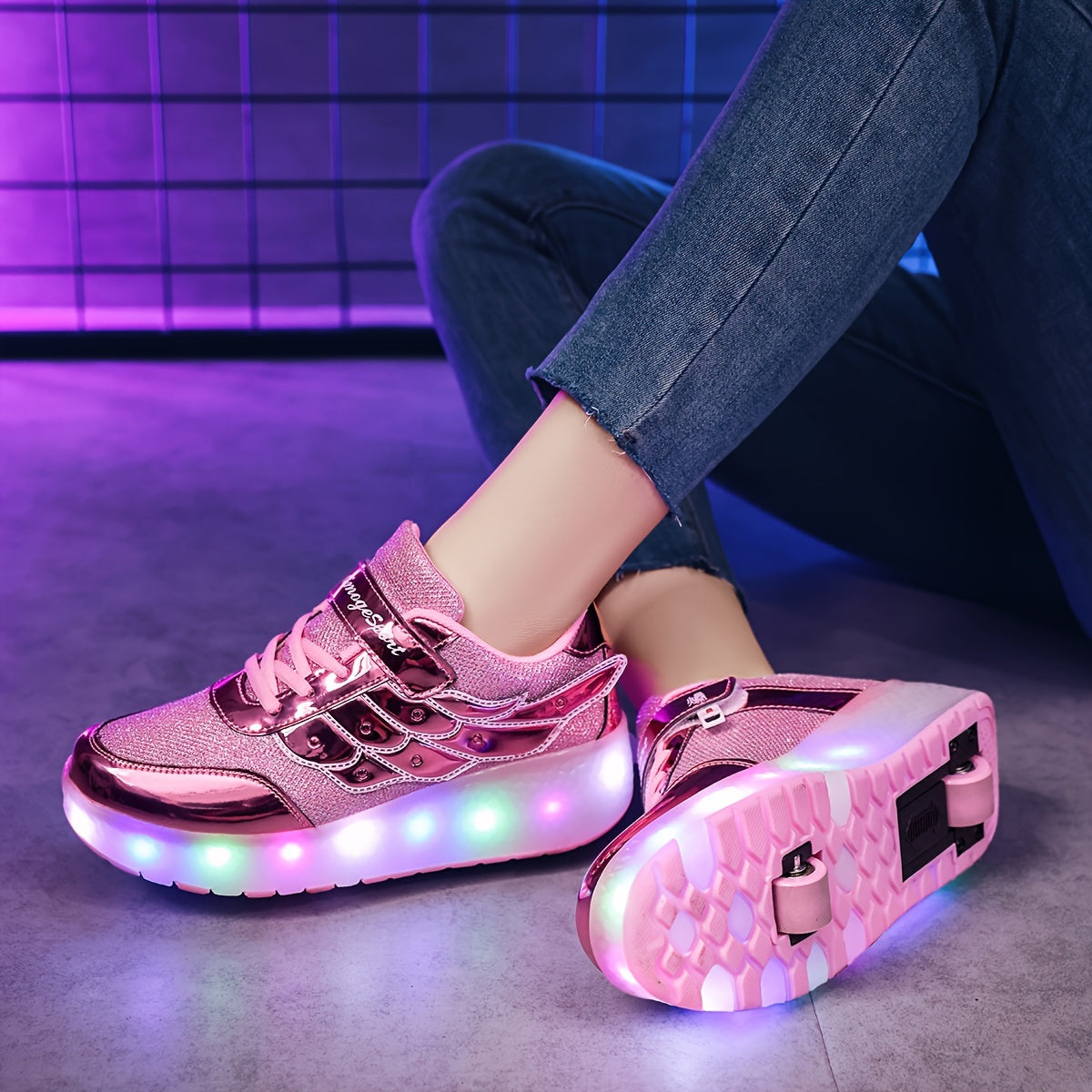 Pink Glitter LED Roller Skates for Girls and Boys with Mesh Upper and Sequins