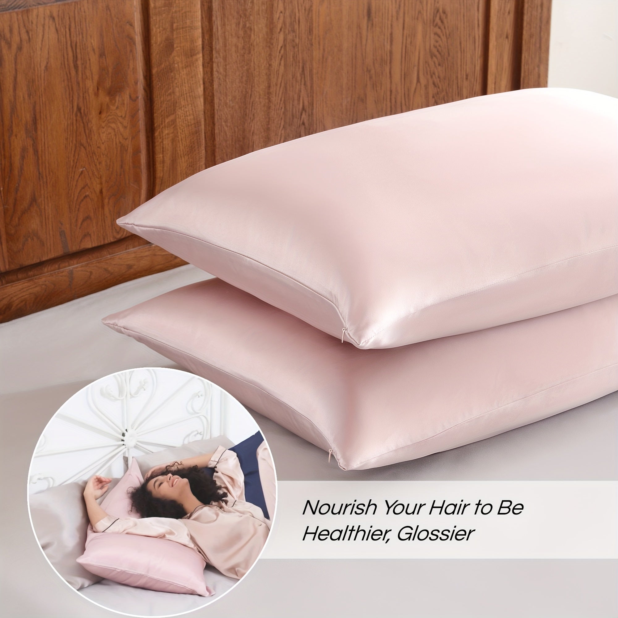 Set of 2 Mulberry Silk Pillowcases Hypoallergenic Satin Weave Solid Color Invisible Zipper Machine Washable Skin Hair Care