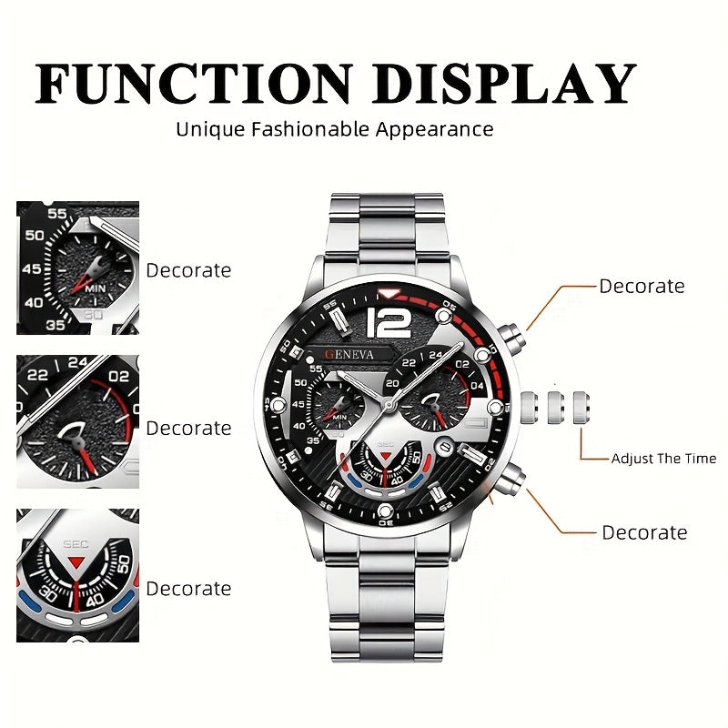 Men's Stainless Steel Watch Set with Calendar and Accessories