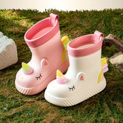 Kids Girls Pink and White Cartoon Unicorn Waterproof Rain Boots Slip-On Non-Slip Short Outdoor Hiking Toddler