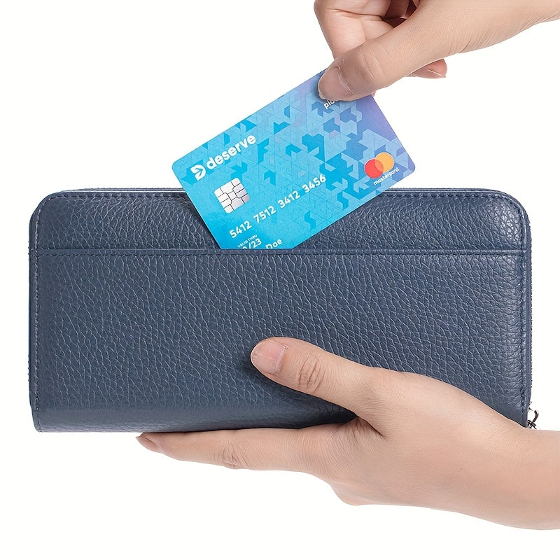 Ayollar uchun haqiqiy charm RFID o'g'irlikka qarshi uzun fermuarlı hamyon, 19 ta karta joyi, 1 ta tangalar cho'ntagi va 5 ta naqd pul joyi bilan.