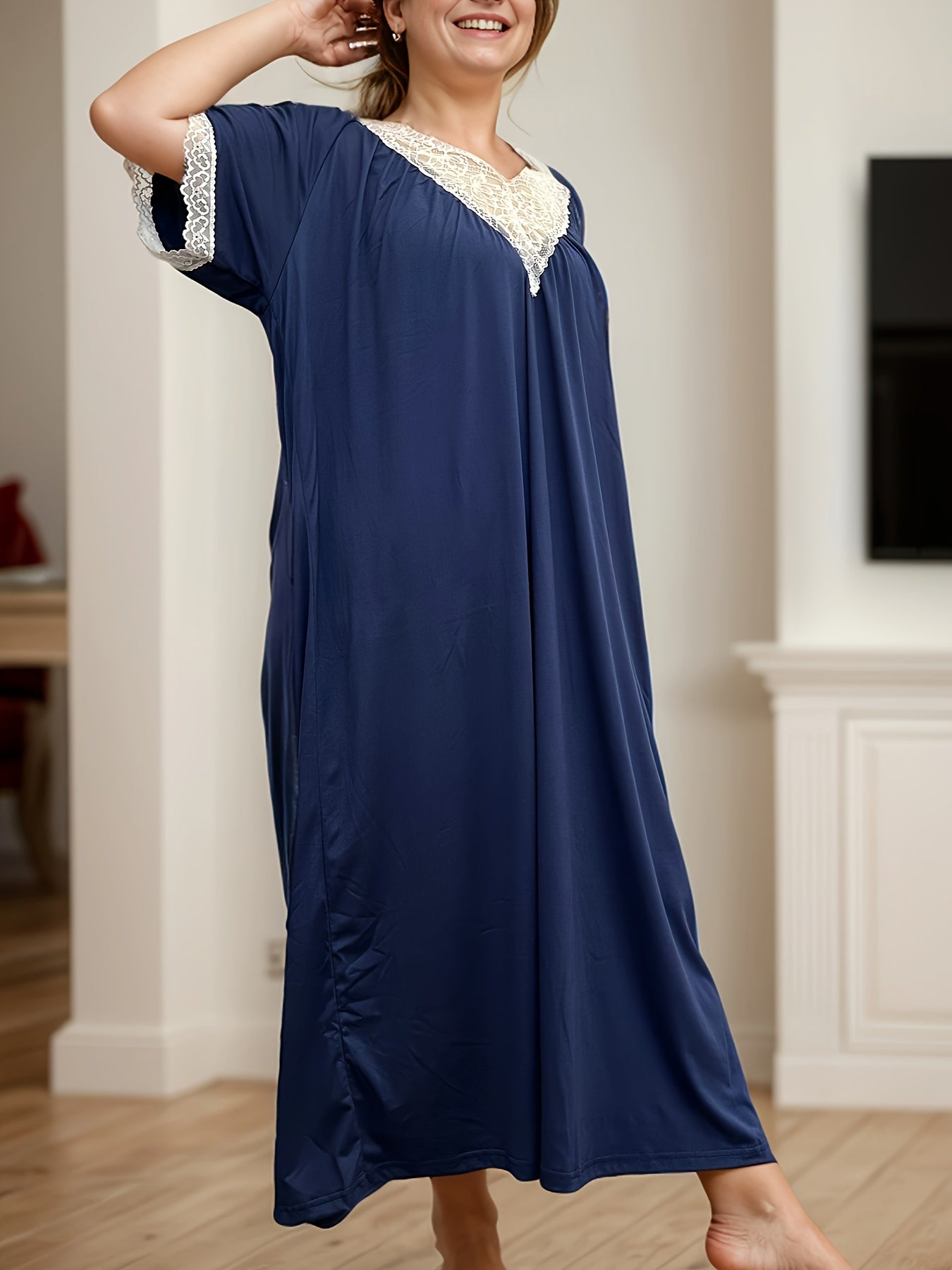 Plus Size Women Lace Trim Short Sleeve Nightgown Soft Stretchy Fabric All-Season Sleepwear