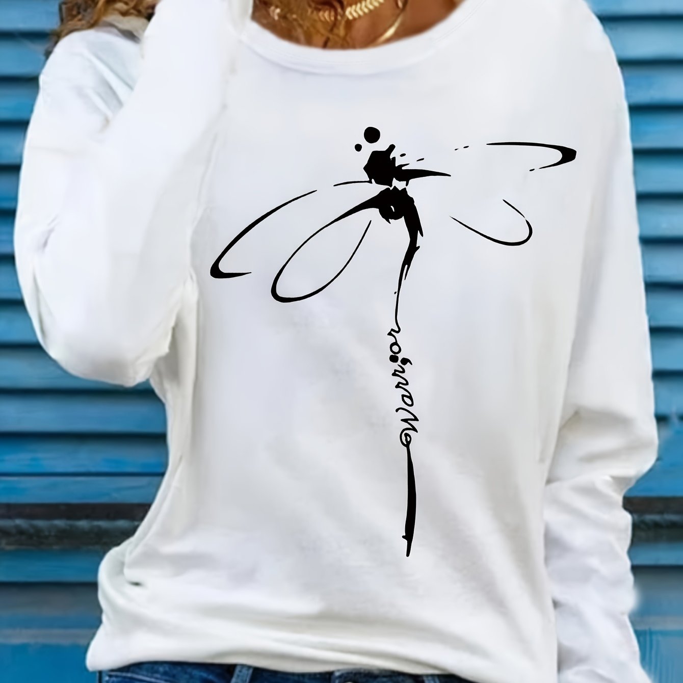 Plus Size Women's Casual T-Shirt Breathable Stretch Cotton White with Black Dragonfly