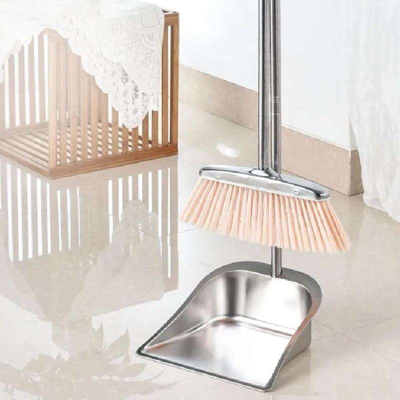 Juego de recogedor y escoba de acero inoxidable con mango largo para limpieza en interiores del hogar