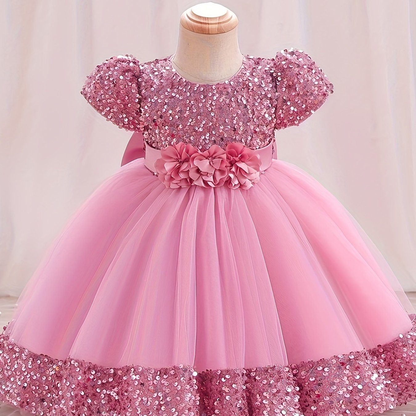 Girls Sparkling Midi Dress with 3D Flower Decor Sequin and Belt for Weddings Parties