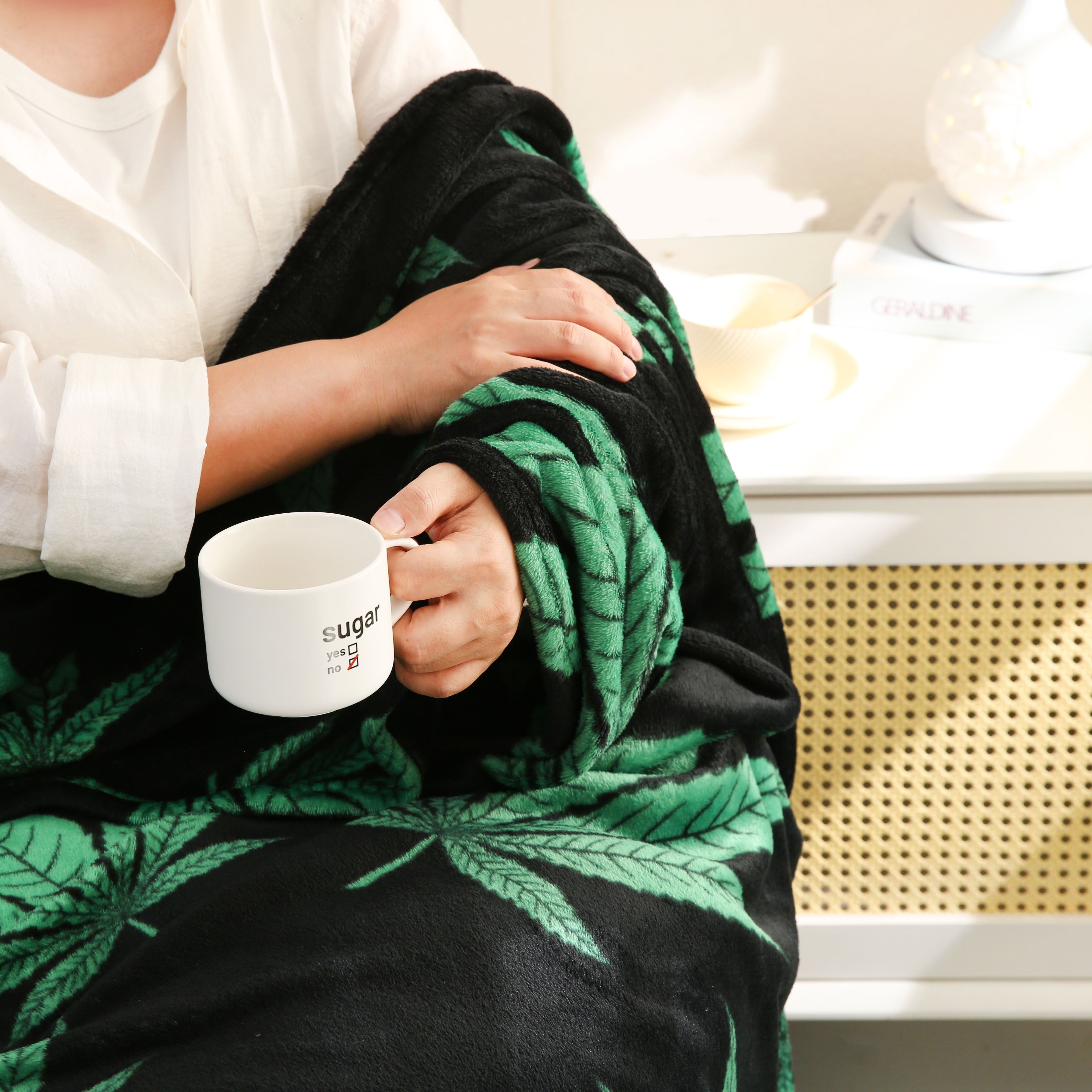 Rustic Style Flannel Blanket with Marijuana Leaf Print for Couch Bed and Travel