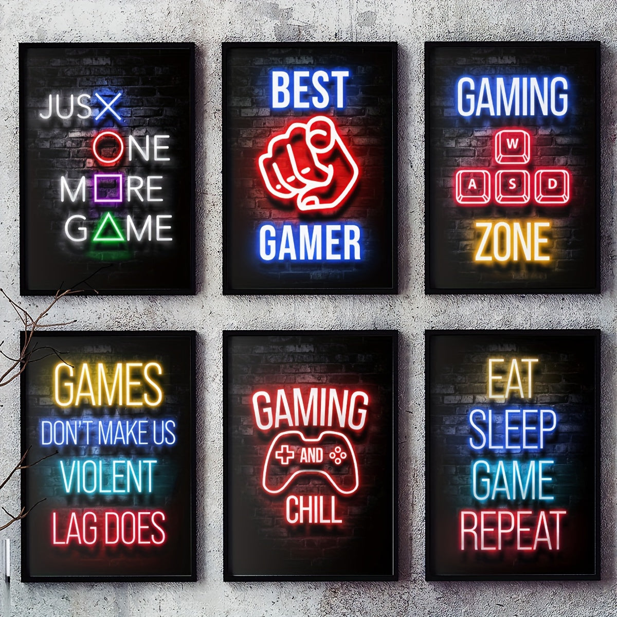 Set of 6 Modern Neon Style Video Game Quote Wall Posters A4 11.4x8.3 Inches Room Decor