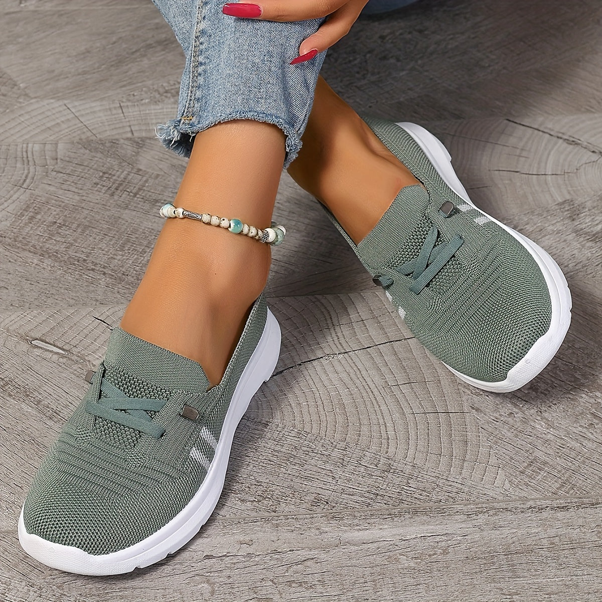 Ladies Breathable Casual Slip-On Sneakers Low Top Fabric Stripes