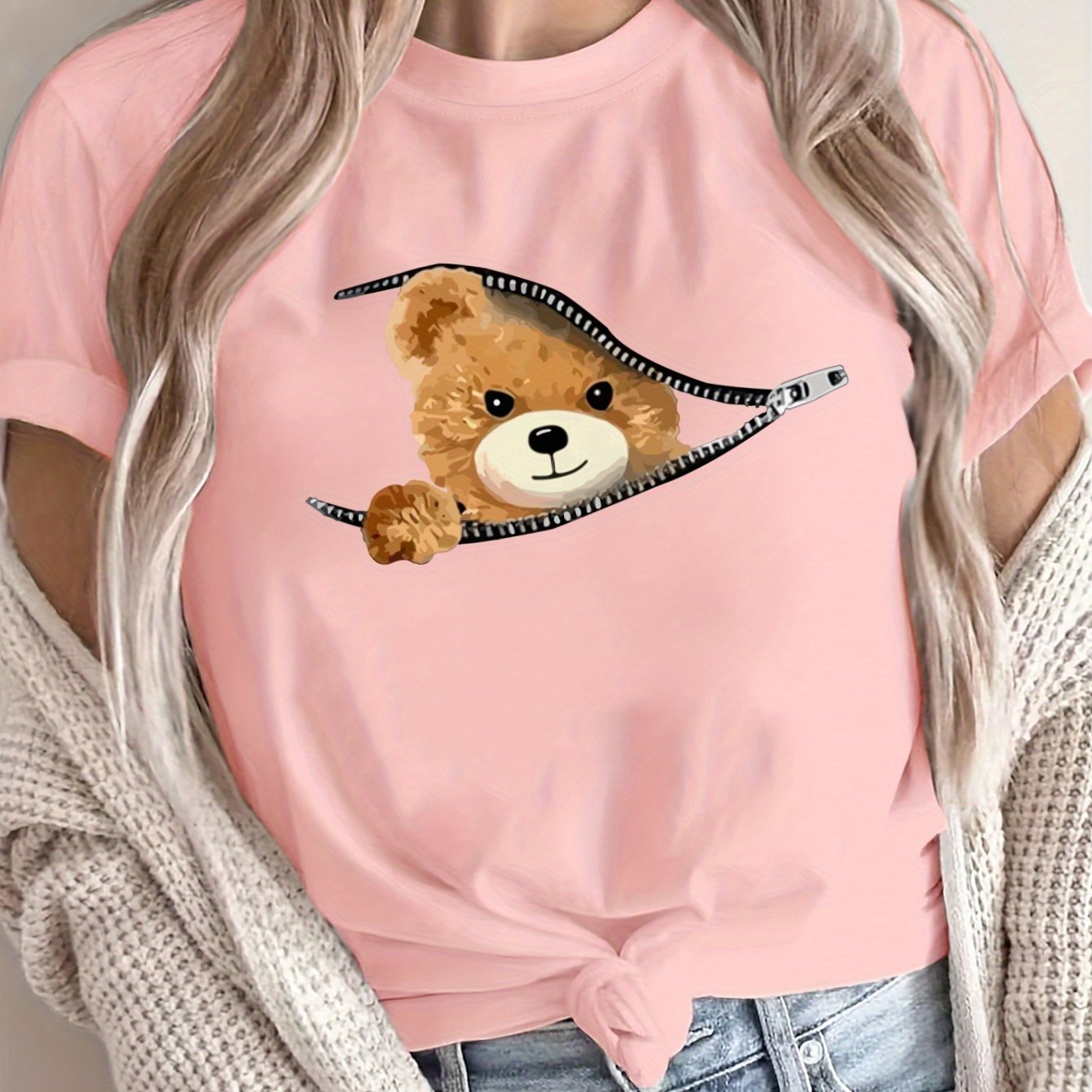 Women's Oversized Graphic T-Shirt Breathable Polyester Teddy Bear Design Loose Fit