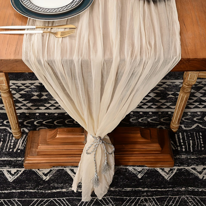 Boho Pleated Polyester Gauze Table Runner for Rustic Wedding and Holiday Decor