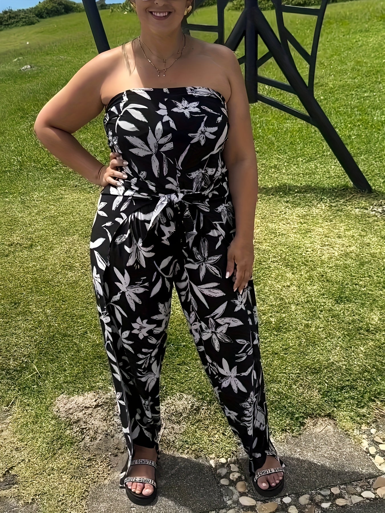 Women's Black Floral Print Jumpsuit with Belt Loose Fit Wide Leg Culottes