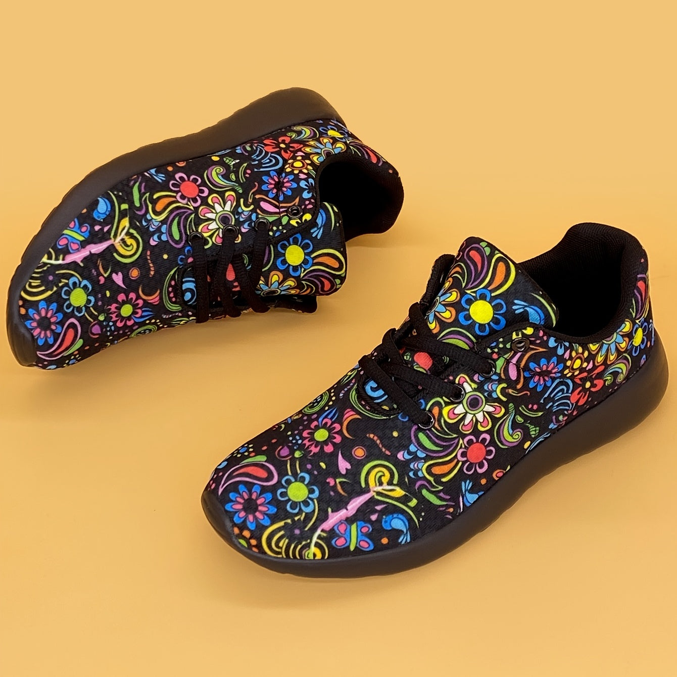 Women's Lightweight Sneakers with Mexican Flower Pattern Lace-Up Running Shoes