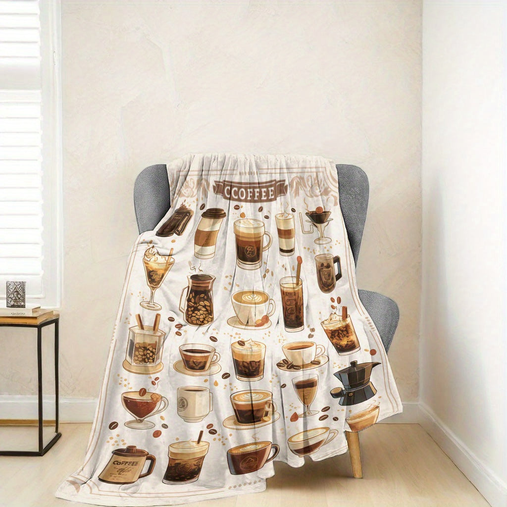 Contemporary Flannel Fleece Throw Blanket with Coffee Print Soft Polyester All-Season Home Decor