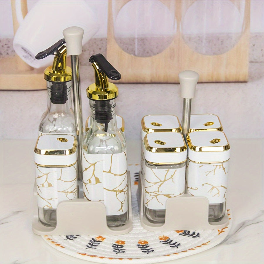 Glass Oil and Vinegar Dispenser Set with Salt and Pepper Shakers and Marble Stand