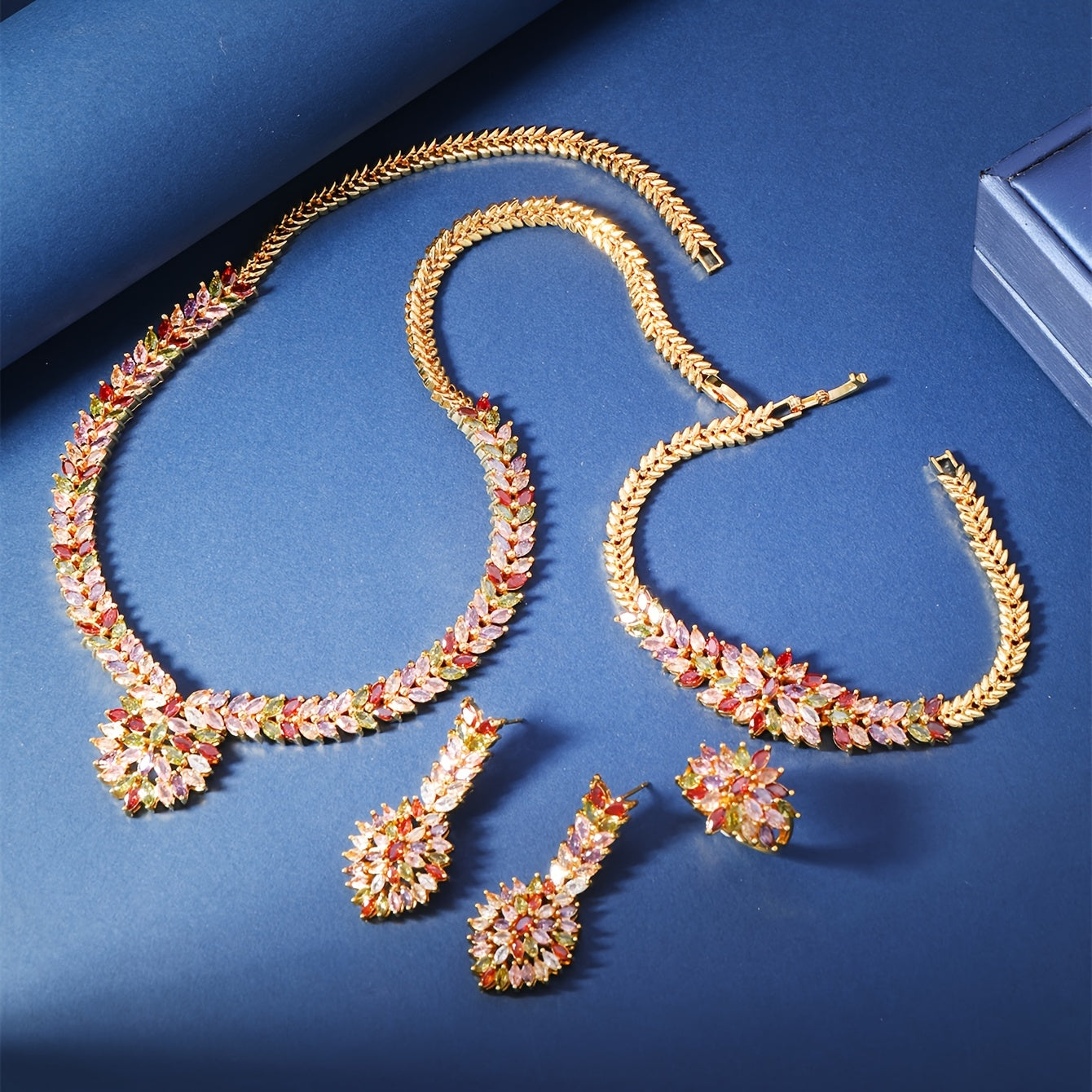 Vintage Arab Jewelry Set 24K Gold Plated Copper Flower Design with Zirconia for Weddings and Festivals